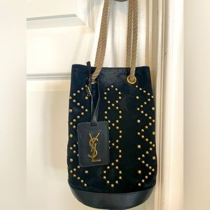 Saint Laurent YSL Small Monogram Suede Bucket Bag-black and gold